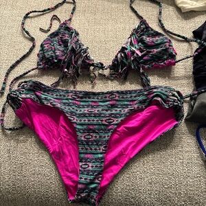 Billabong Pink and Green Striped Bikini